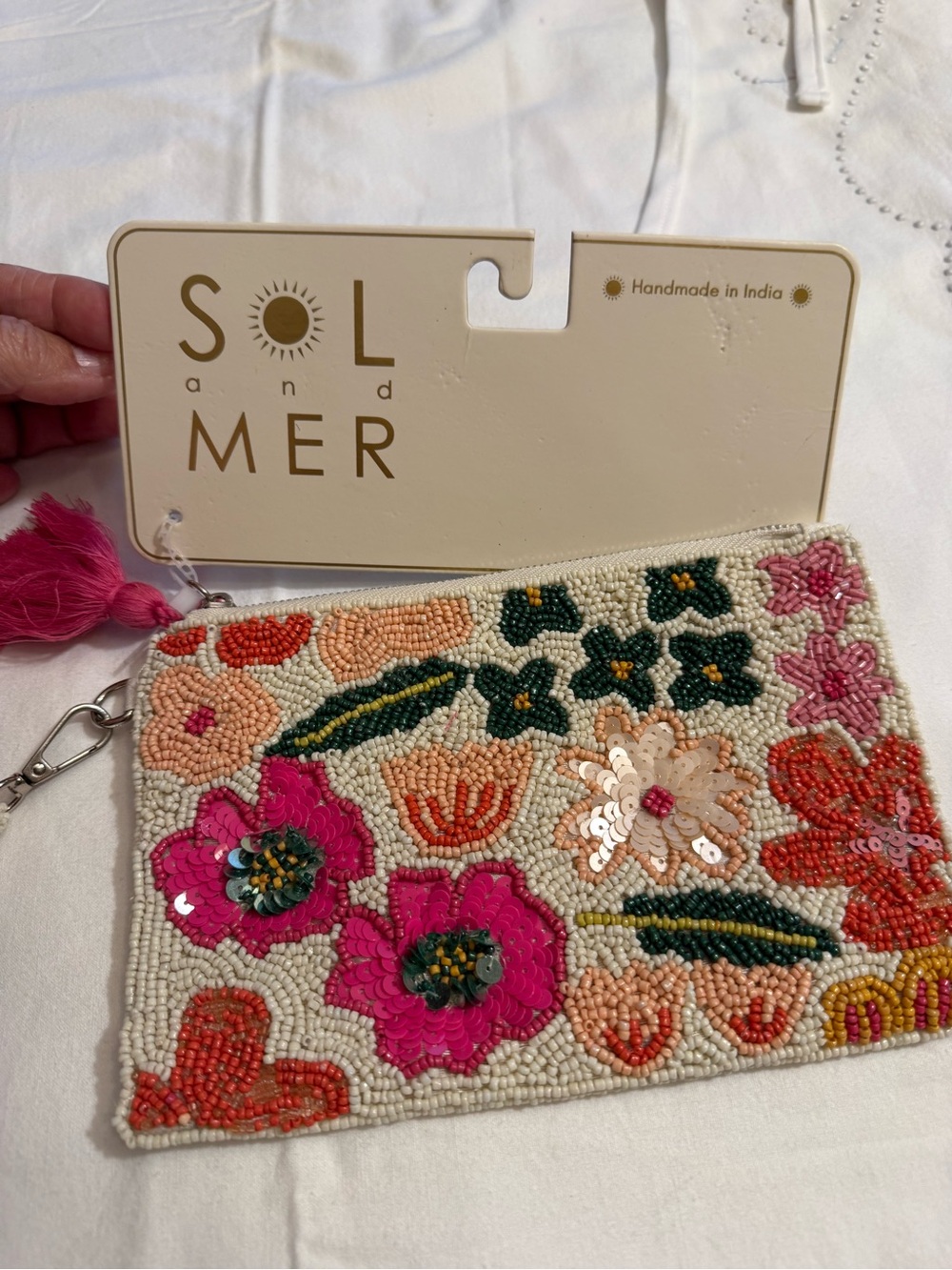SOL MER Beaded Floral Wristlet Clutch - Pink & Cream